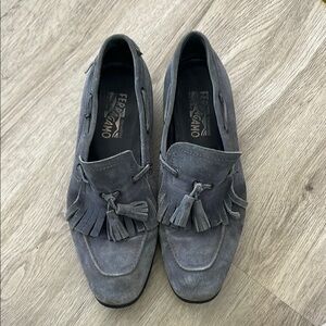 Ferragamo Gray Suede Loafers with Tassels